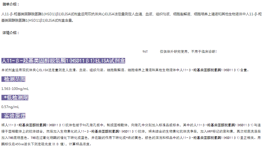 人11-β-羥基類(lèi)固醇脫氫酶1(HSD11β1)ELISA試劑盒介紹圖